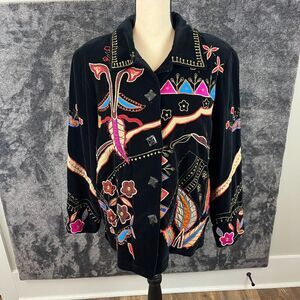 Vtg Allure Embroidered Velour Black Multicolor Jacket Blazer Floral Sz L Y2K Art